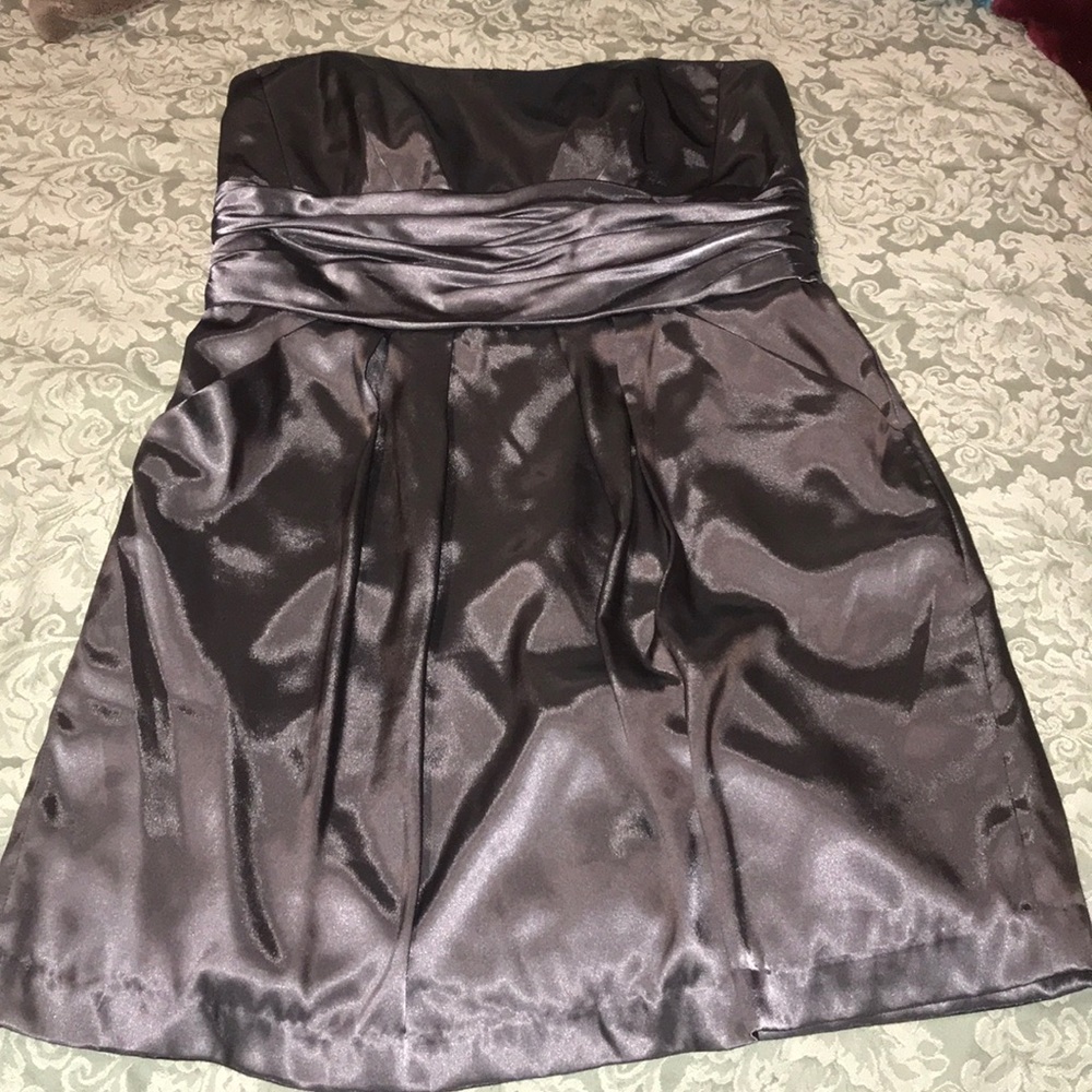 Short Charmeuse Dress with Ruched Waist and Pocket